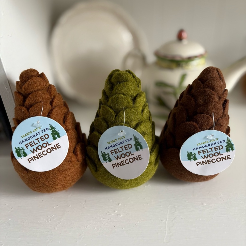 Trader Joe Felted Wool Pine Cones Set of three NEW Brown and Green